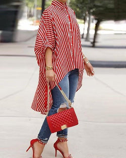 Striped Colorblock Batwing Sleeve Dip Hem Top