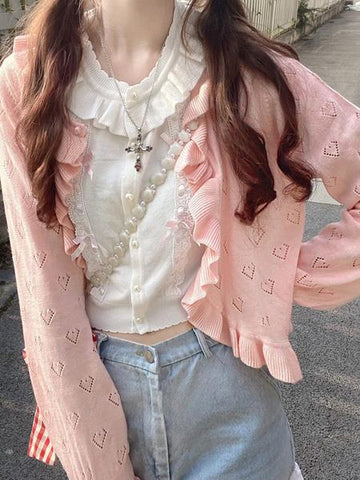 Sweet White Long Sleeves Ruffles Hearts Pattern