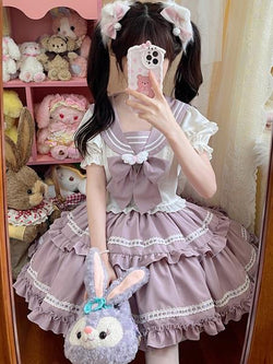 Navy Style Lolita Outfits Black Hearts Pattern Ruffles Short Sleeves Skirt Top