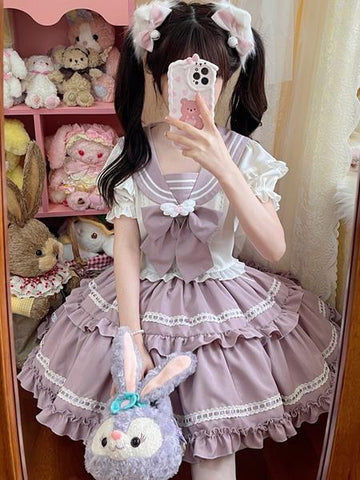 Navy Style Lolita Outfits Black Hearts Pattern Ruffles Short Sleeves Skirt Top