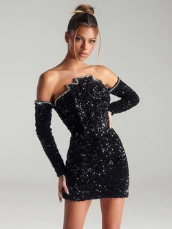 Party Dresses Black Bateau Neck Sequins 3/4 Length Sleeves Semi Formal Dress