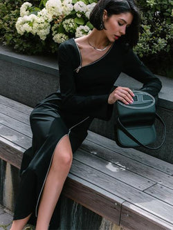 Bodycon Dresses Black Designed Neckline Zipper High-slit Sexy Long Sleeves Pencil Dress