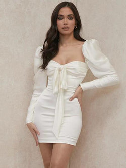 Bodycon Dresses White Embellished Collar Pleated Knotted Sweet Long Sleeves Pencil Dress