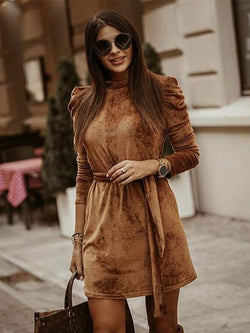 Velvet Dress Coffee Brown Knotted Pleated Party Long Sleeves High Collar Fall Short Mini Dresses