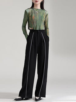 Pants Black Polyester Oversized Raised Waist Two-Tone Trousers