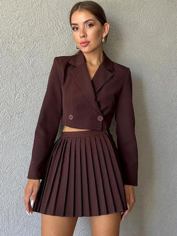 Skirt Set Coffee Brown Dating Polyester Pleated Chic