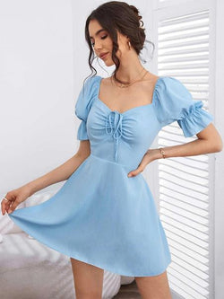 Summer Dress Designed Neckline Lace Up Blue Short Beach Dress