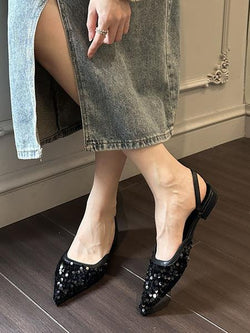 Women's Sequined Cloth Pointed Toe Flat Mules