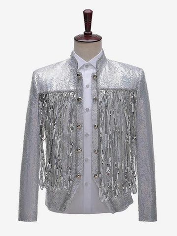 Silver Vintage Top Fringe Buttons Sequins Long Sleeves DJ Stage Performance Nightclub Sequin Tassel