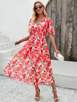 Floral Dress Midi Dress Printed Short Sleeves V-Neck Sweet Summer