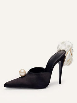 Women's High Heels Satin Black Pearls Flowers Detail Stiletto Heel Party Shoes