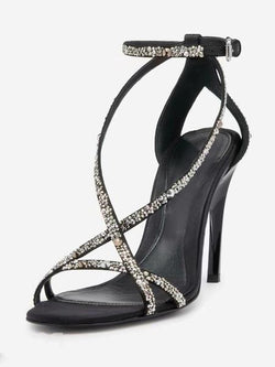 Black Prom Shoes Women High Heel Rhinestones Strappy Sandals